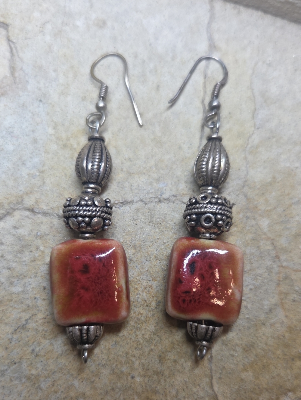 925 Sterling Silver Red Ceramic Boho Drop Earrings